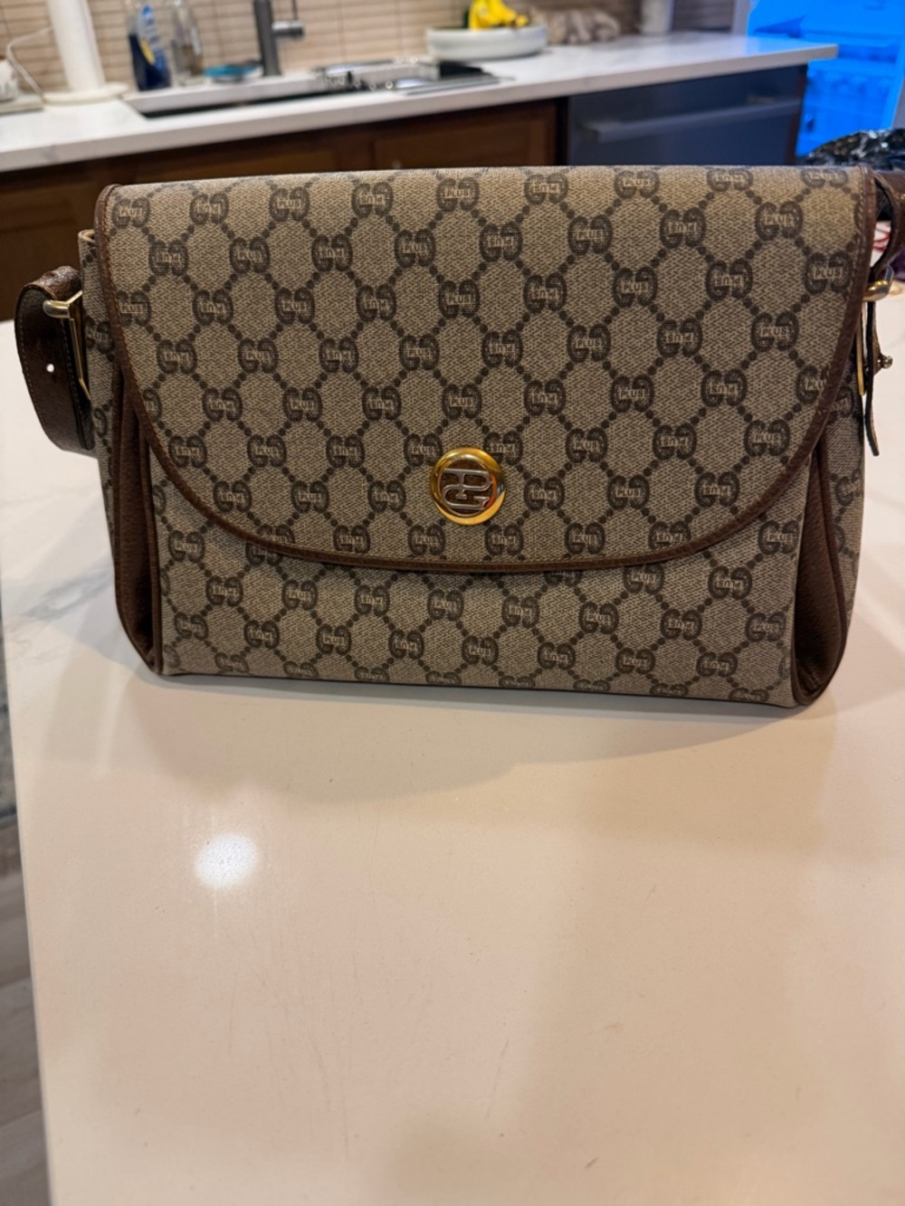 Gucci Plus Beige/Brown Monogram Canvas Shoulder Bag with Gold Hardware